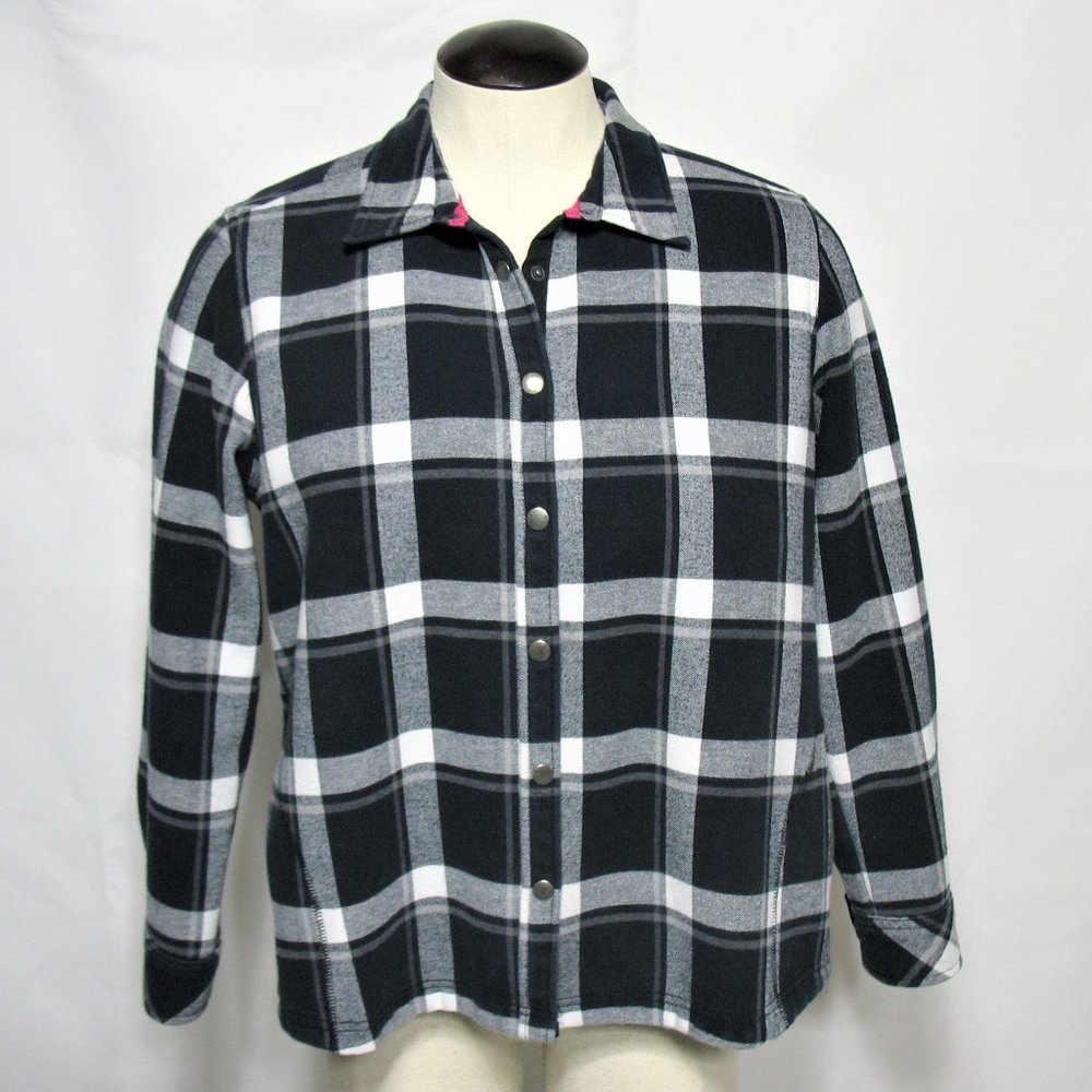 Women's Orvis Plaid Flannel Jacket Fleece Lining Button Snap Black White Sz 2XL